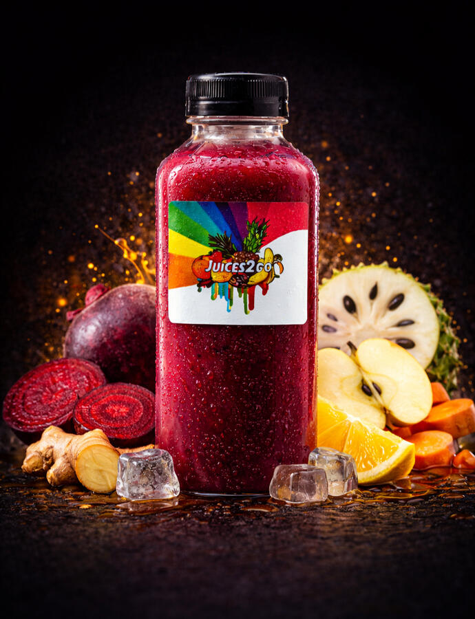 Bold • Earthy-Sweet • Energizing A powerful functional blend featuring beets, ginger, orange, apple, soursop, carrot, and lemon. Designed to fuel circulation, stamina, and natural energy. Ingredients: Beets • Ginger • Orange • Apple • Soursop •